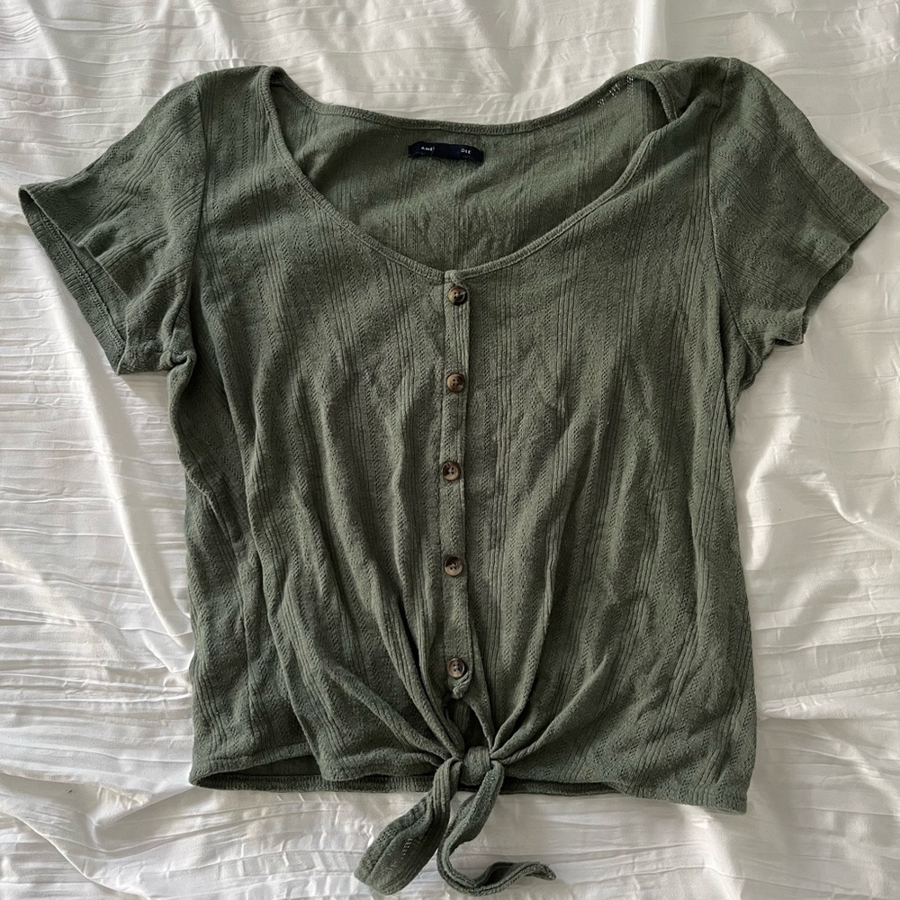 American Eagle Outfitters Sage Green Tie-Front Tee